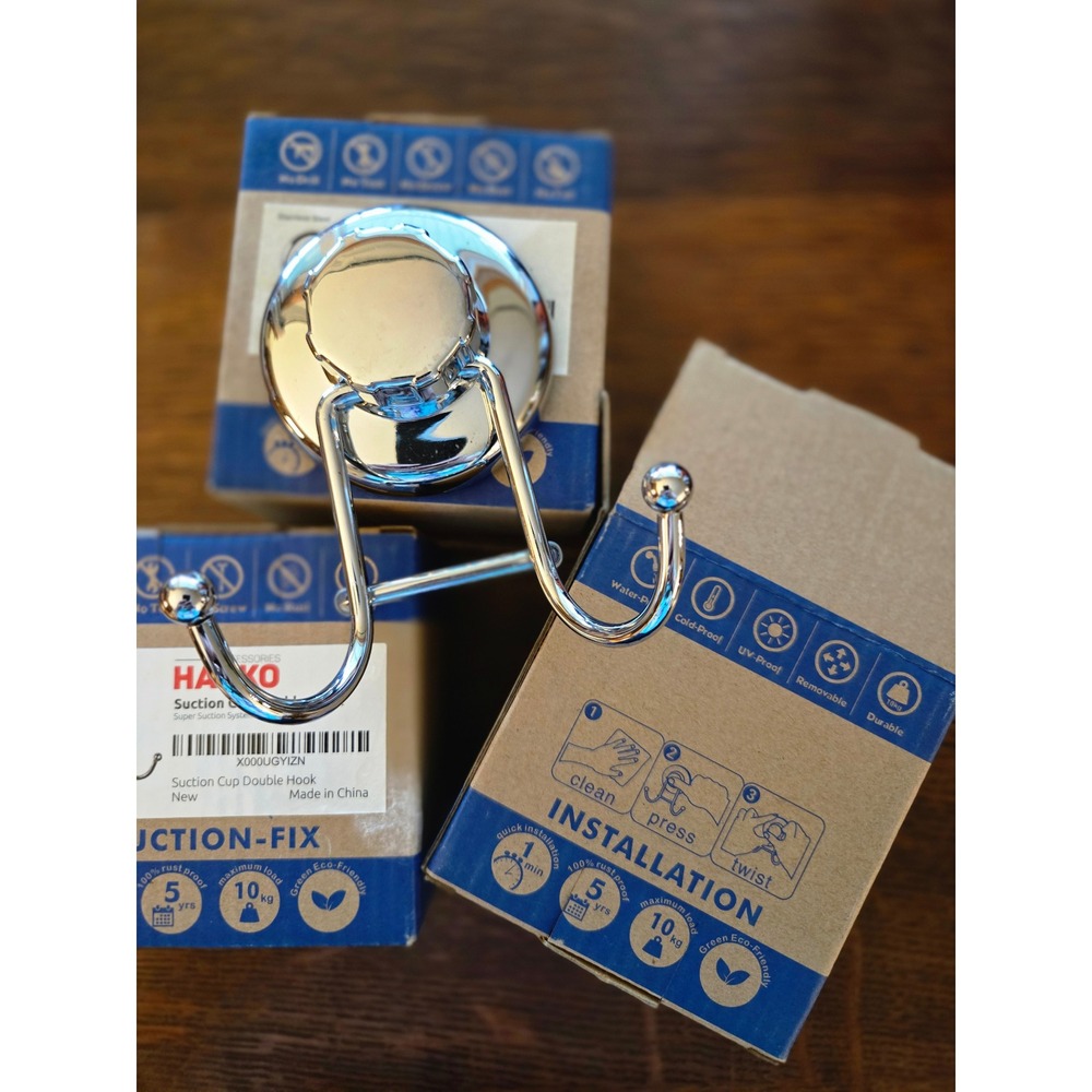 Hasko Accessories Suction Cup Double Hook Stainless Steel Chrome Set of 3 NEW